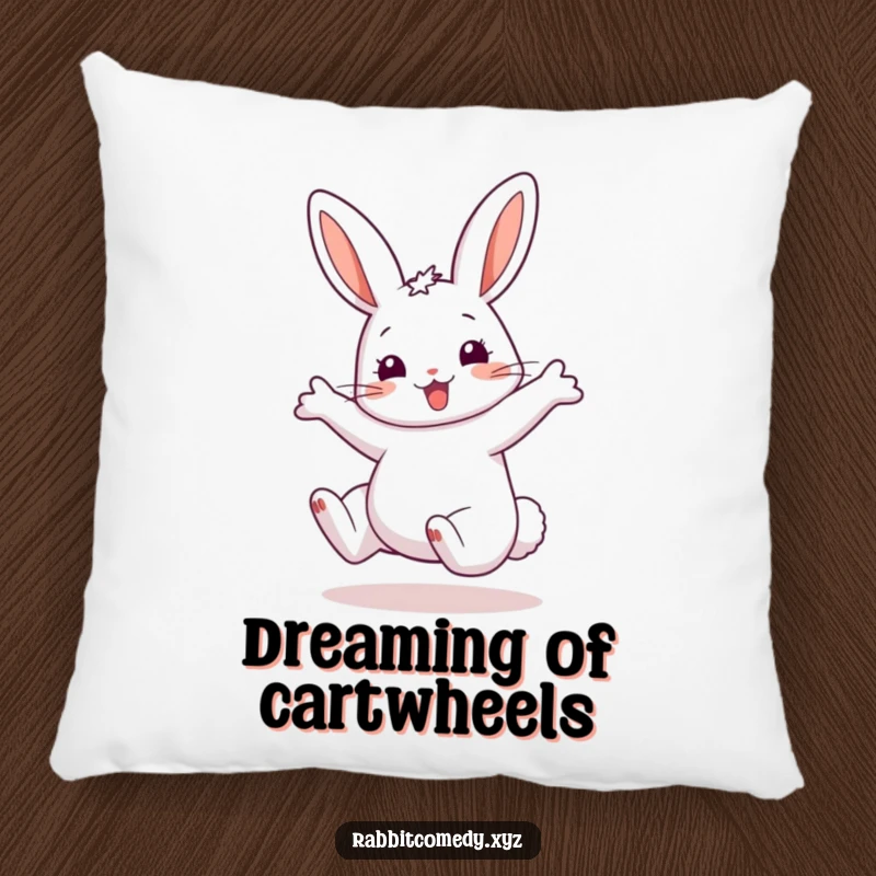 Funny Pillow adorned with a happy rabbit performing a cartwheel, its comically exaggerated ears adding to the plushy, humorous charm.