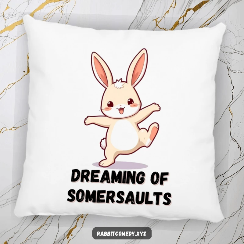 Funny Pillow: A cozy pillow featuring a happy rabbit with exaggerated ears performing a cartwheel with pure bliss.