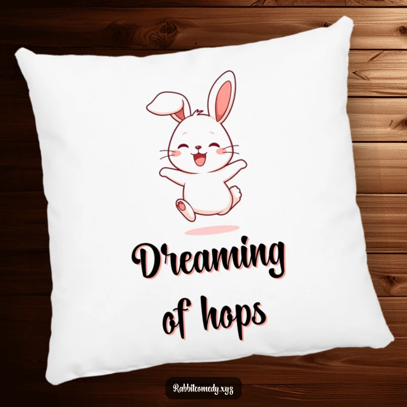 Funny pillow featuring a cute rabbit character joyfully hopping, ears flopping, designed for comfort and humor.