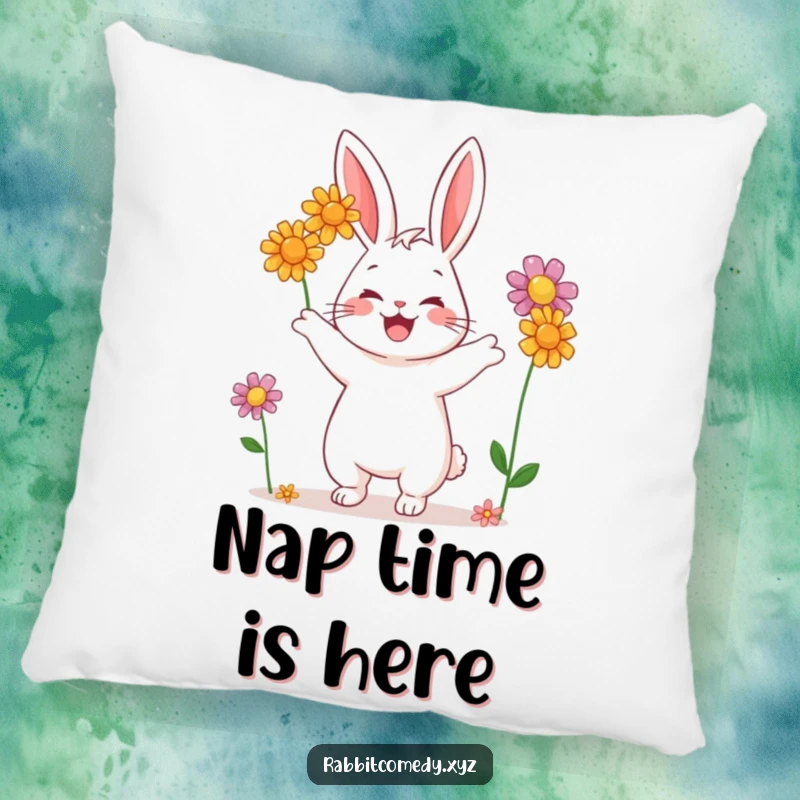 Funny pillow featuring a delightful rabbit character in the middle of juggling three vibrant wildflowers, adding comfort and cheer.