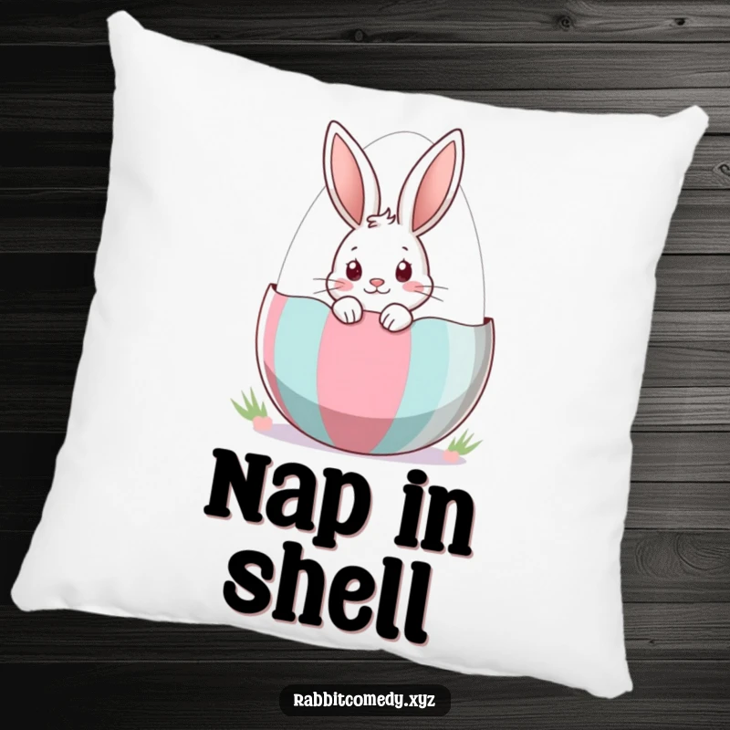 Funny Pillow with a cute rabbit peeking out of a striped Easter egg, offering comfort and a touch of holiday curiosity.