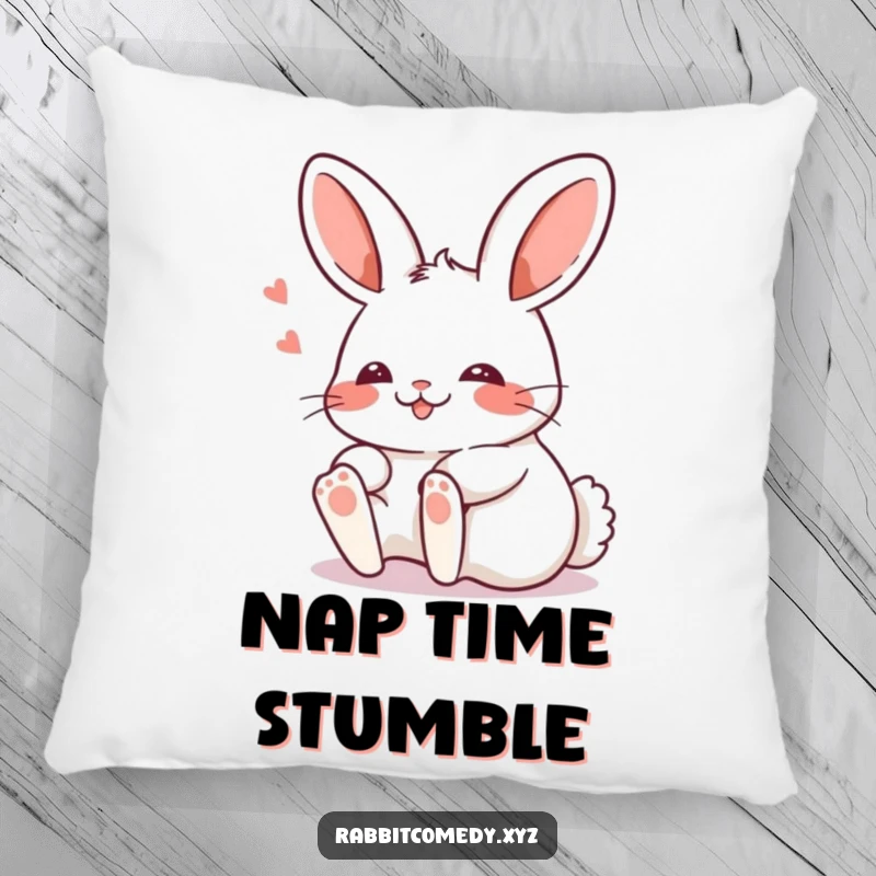 Funny Kawaii rabbit tripping comically with a blush, depicted on a soft pillow for cozy, humorous decor.
