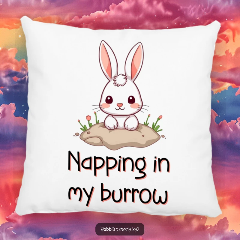 Funny Pillow: A soft pillow showcasing a cute rabbit peeking out from a hole in the ground.
