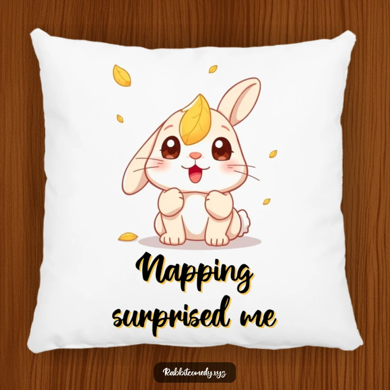 Funny Kawaii Rabbit Pillow: Soft pillow featuring a rabbit with comically wide eyes reacting to a leaf falling from above.