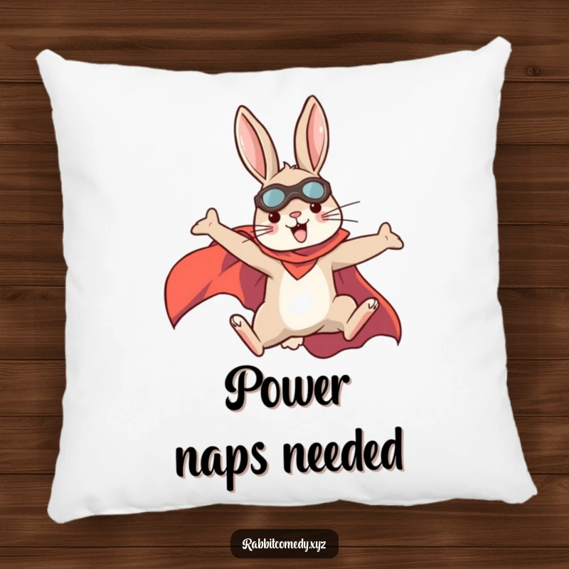 Funny rabbit pillow, superhero cape flying, leaping with determination, offering comfort and bravery, a cozy funny gift.