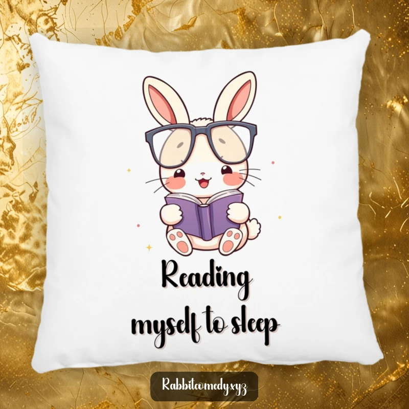 Funny Pillow: A kawaii rabbit with big glasses reads a small book, providing humorous comfort and a touch of intellect.