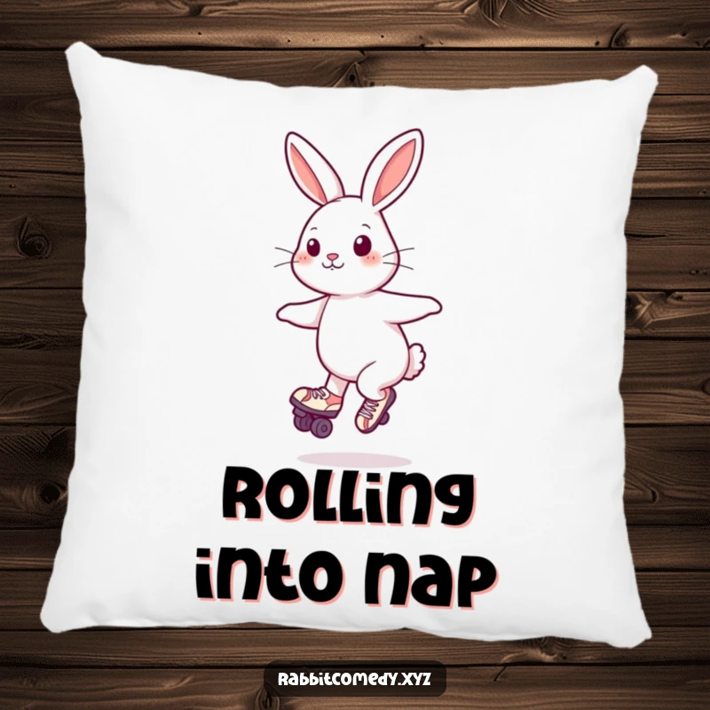 Funny Pillow: A soft pillow featuring a cheerful rabbit on roller skates, caught in a playful spin.