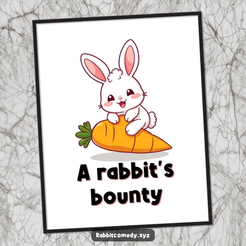 Funny Digital Art Print: A fluffy, kawaii rabbit character hops over a giant carrot, exuding cuteness and humor, perfect for screen or print.