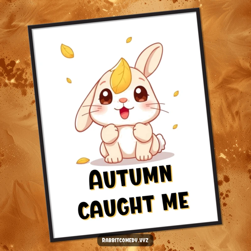 Funny Kawaii Rabbit Digital Art Print: High-resolution image of a rabbit with wide, surprised eyes watching a leaf fall.