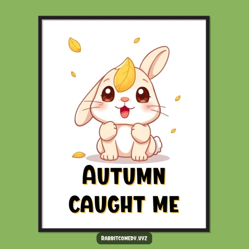 Funny Kawaii Rabbit Leaf Surprise Digital Art: Instant Autumn Charm, Perfect Funny Gift