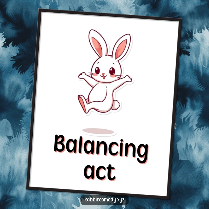 Funny cartoon rabbit character balancing on one leg, spinning quickly on a humorous digital art print, instant download.