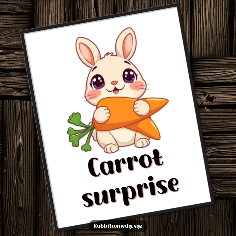 Funny Digital Art Print: Printable art of a rabbit with wide, surprised eyes holding a giant carrot.