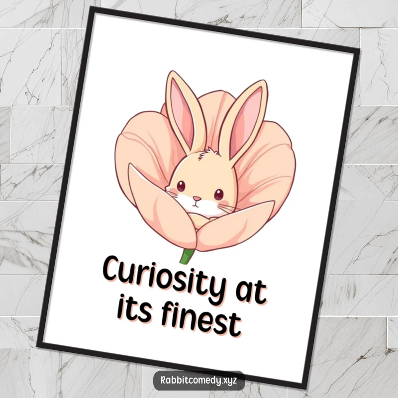 Funny digital art of a curious rabbit peeking from a flower bud, perfect for printable wall art and instant charm.