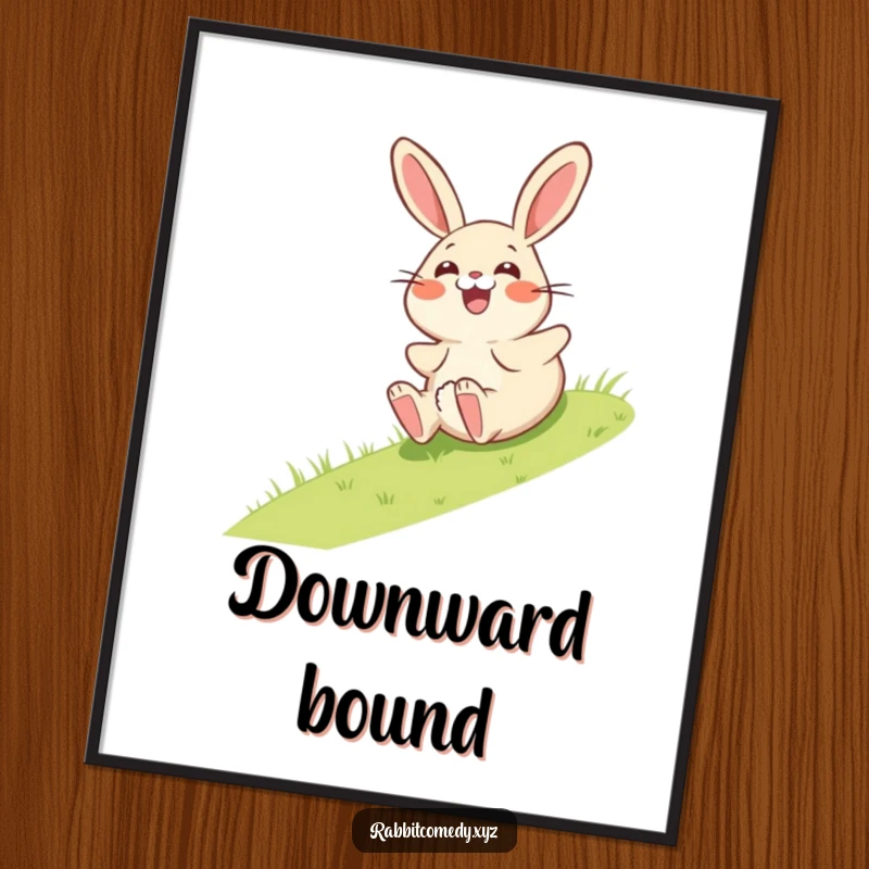 Funny digital art print of a giggling rabbit character comically rolling down a grassy incline, expressing pure surprised delight.