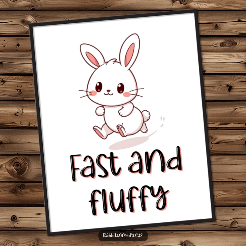 Funny Kawaii rabbit digital art print, dashing playfully, leaving a dust trail, cute and energetic art for immediate download.