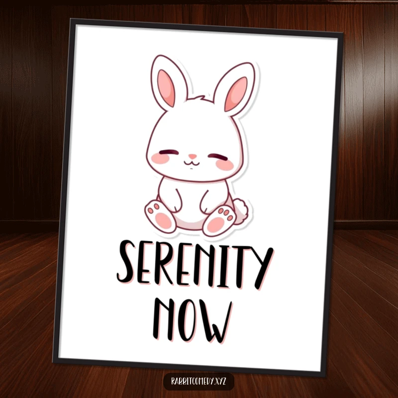 Funny digital art print, a content rabbit character sitting peacefully, eyes closed with a serene smile, a calming and beautiful illustration.