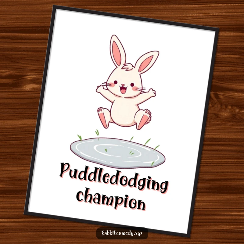 Funny digital art of a determined rabbit leaping with flair over a tiny puddle, perfect for printable wall art.