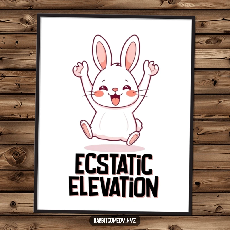 Funny Kawaii rabbit doing a silly hop with arms in the air, available as a joyful digital art print.