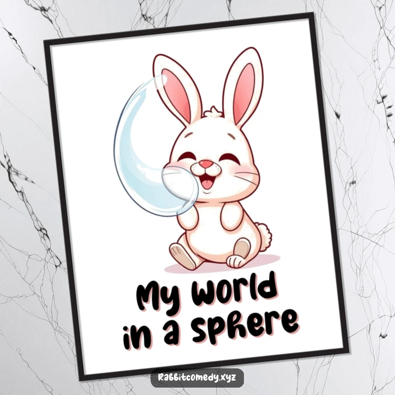 Funny digital art print of a giggling rabbit blowing a huge bubble reflecting its own comical, happy face.