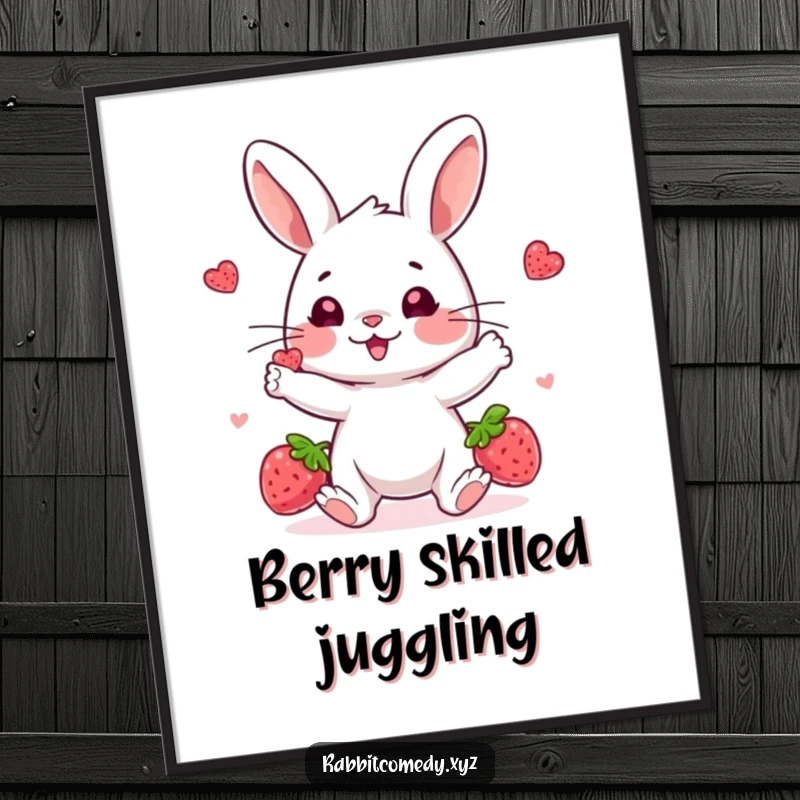 Funny digital art print, a playful rabbit character juggling three bright berries with a happy, concentrated look, a vibrant and amusing illustration.