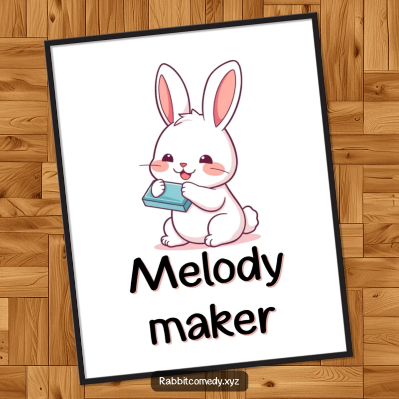 Funny Kawaii rabbit playing a tiny harmonica with a happy expression, available as a downloadable digital art print for charming decor.