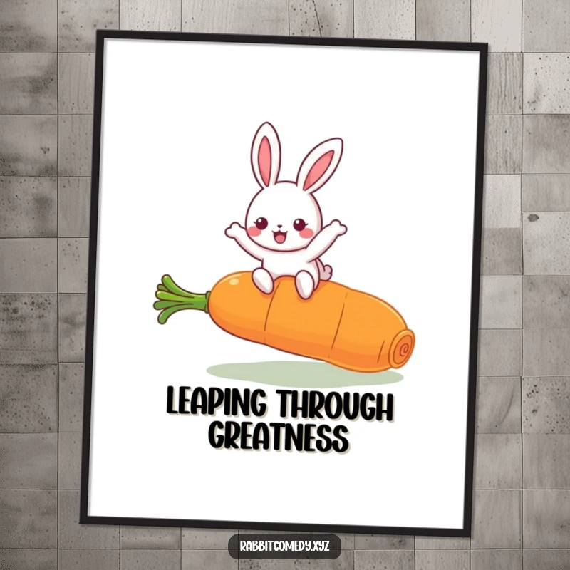 Funny Kawaii Rabbit Digital Art Print: High-resolution image of a cute rabbit joyfully leaping over a large carrot.
