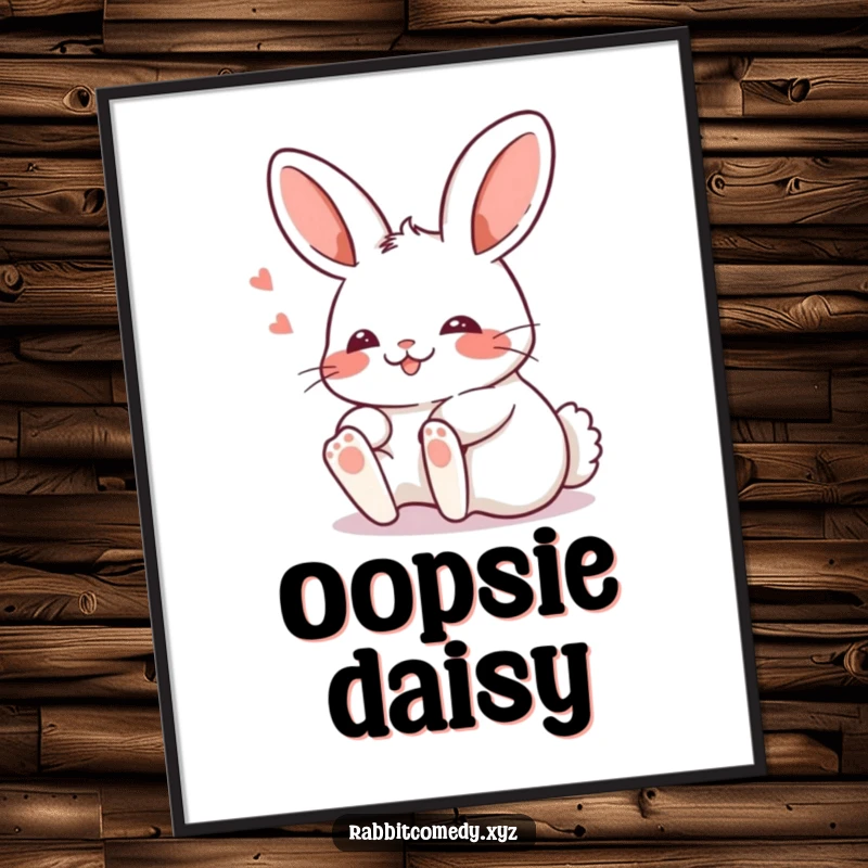 Funny Kawaii rabbit tripping comically with a blush, available as a digital art print for instant humorous wall decor.