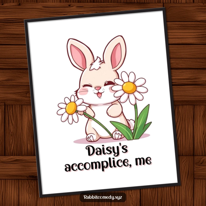 Funny digital art of a mischievous rabbit winking behind a laughing daisy, perfect for printable wall art.