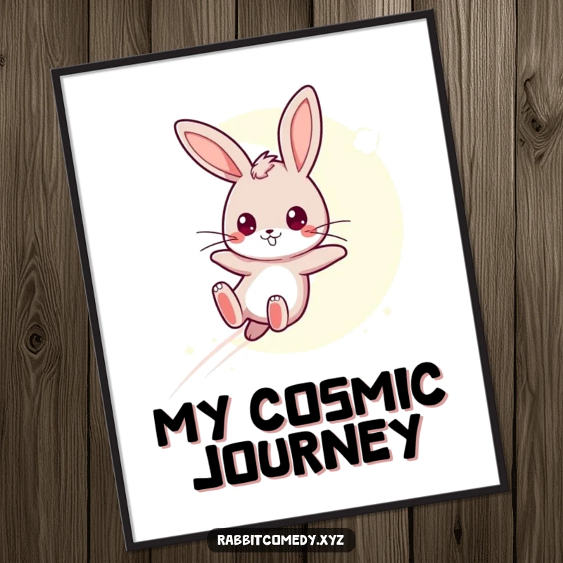 Funny Digital Art Print: A determined kawaii rabbit leaps over a moonbeam, adding humorous and magical charm to decor.