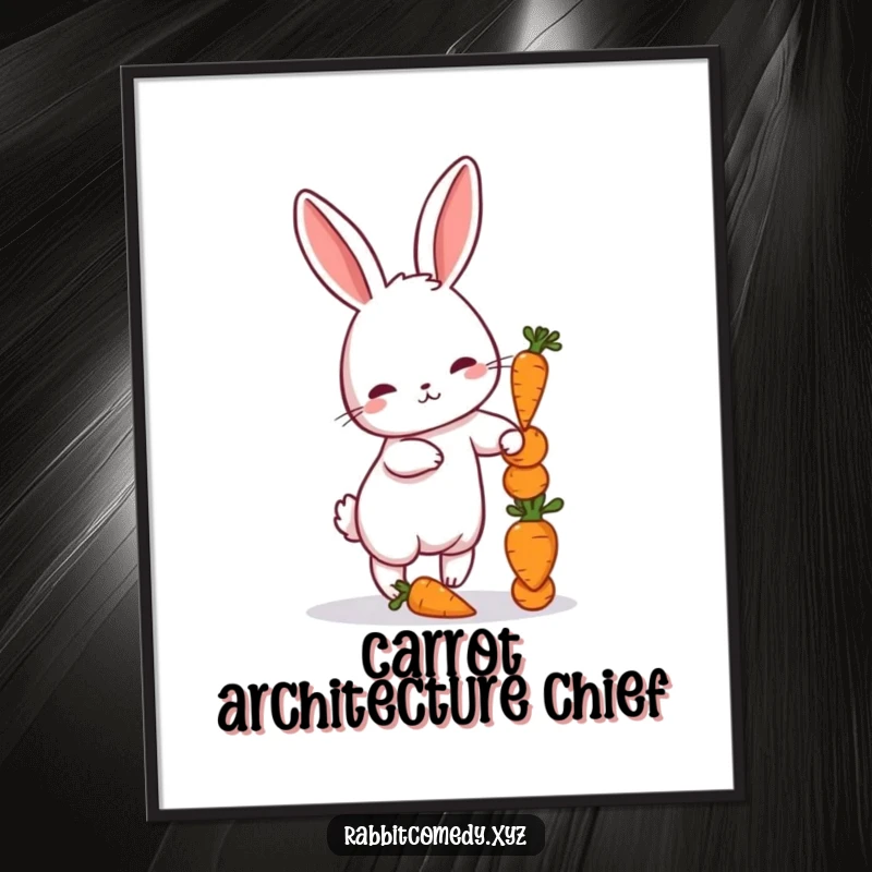 Funny digital art of a petite rabbit balancing a stack of tiny carrots, perfect for printable wall art.
