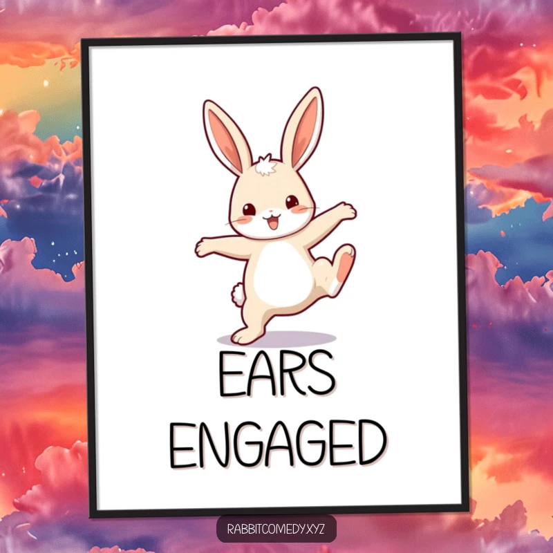 Funny Digital Art Print: A vibrant, printable artwork of a happy rabbit with big ears doing a cartwheel.