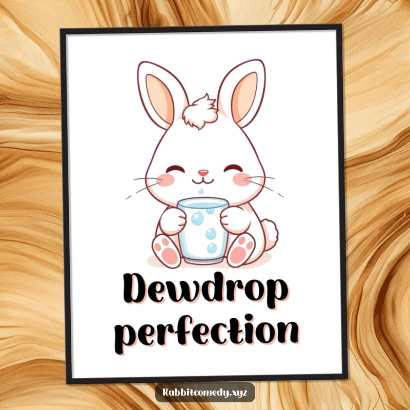 Funny cute kawaii rabbit digital art print, showing a content bunny smiling while sipping a dewdrop, perfect for instant serene decor.