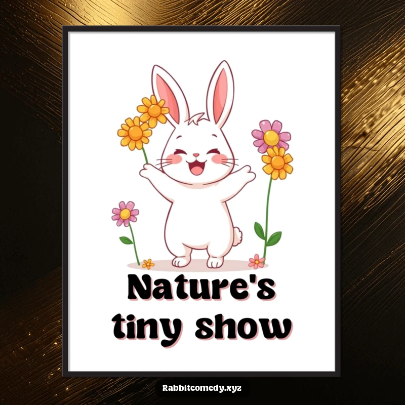 Funny digital art print of a happy rabbit character joyfully juggling three colorful wildflowers, perfect for instant wall decor.