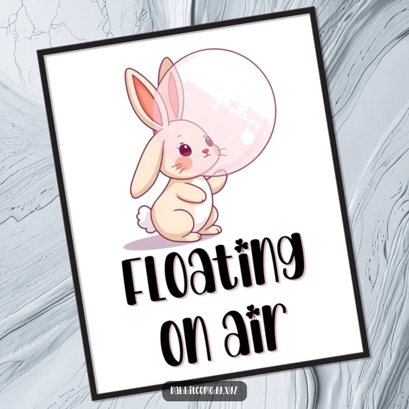 Funny digital art print of a rabbit character with floppy ears leaping to catch a bubble, a humorous and whimsical piece for walls.