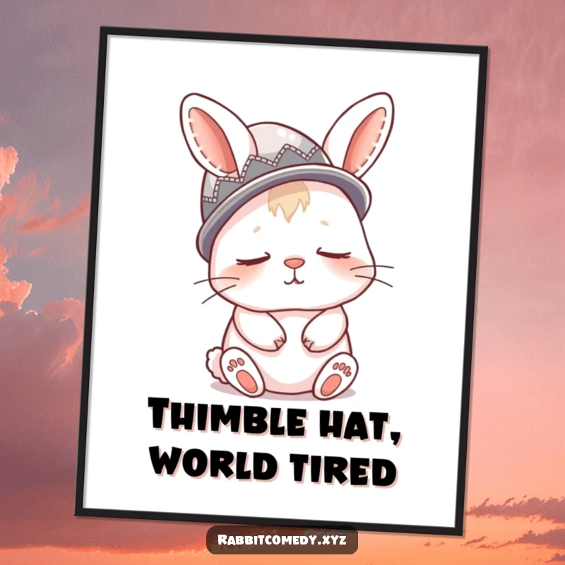 Funny digital art of a sleepy rabbit wearing a thimble as a hat, perfect for printable wall art.