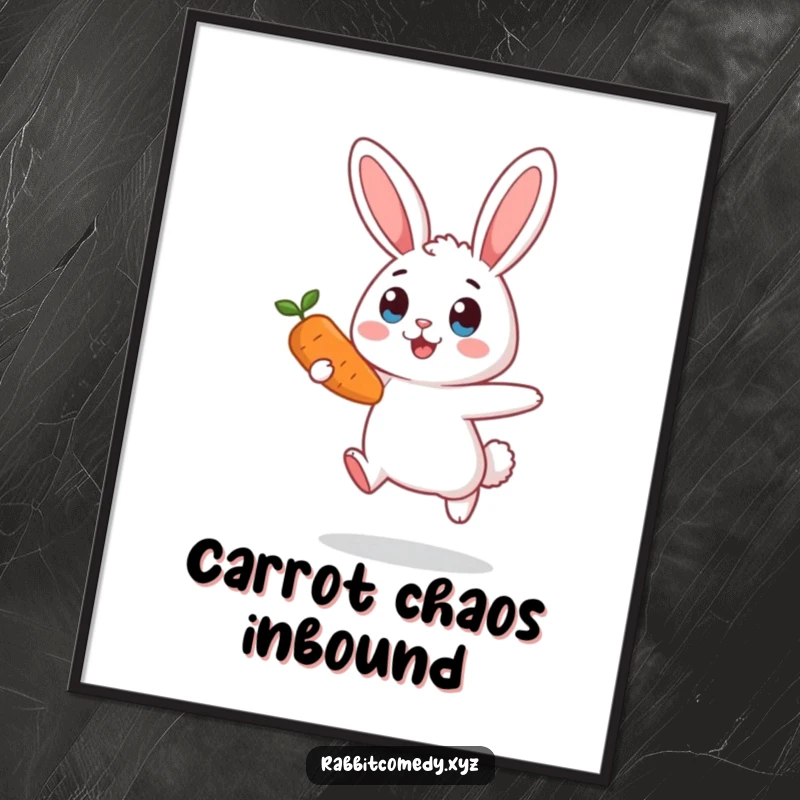 Funny surprised rabbit digital art print, mid-air, eyes wide, carrot pursuit, a humorous illustration for immediate download and display.