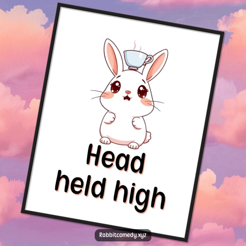 Funny digital art print, a surprised rabbit with wide eyes, a teacup balanced on its head, a humorous and charming illustration.