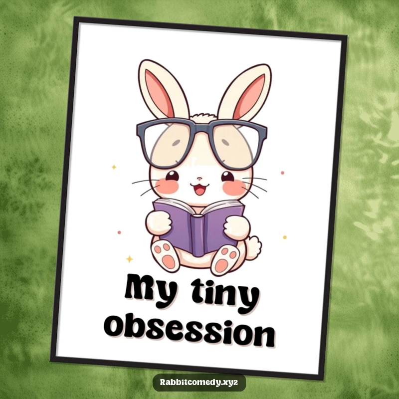 Funny Digital Art Print: A kawaii rabbit with oversized glasses reads, adding humorous and intellectual charm to decor.
