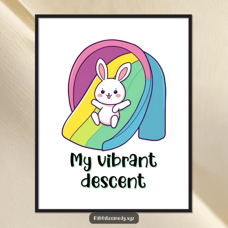 Funny Digital Art Print: A kawaii rabbit gleefully slides down a rainbow, adding humorous and vibrant charm to decor.
