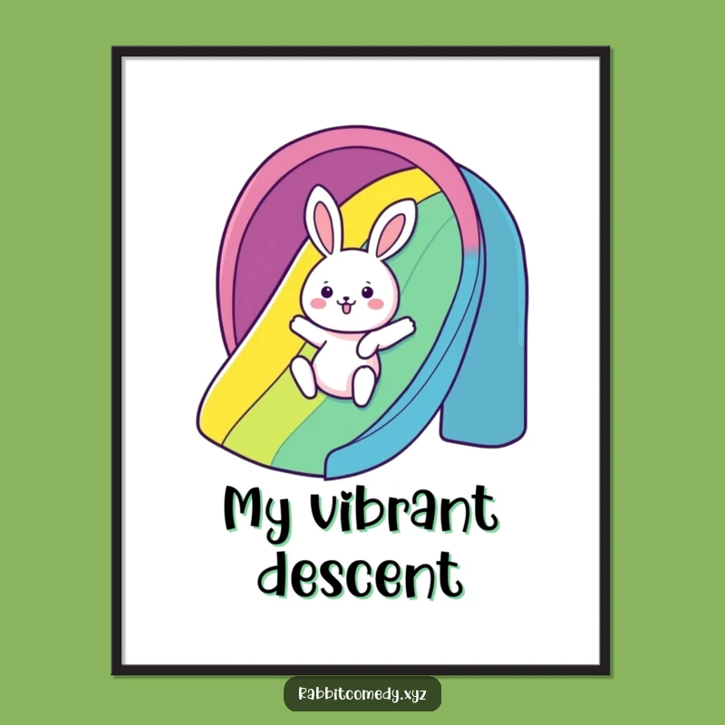 Funny Rainbow Slide Rabbit Digital Art: Gleeful Character Print - Humorous Decor!