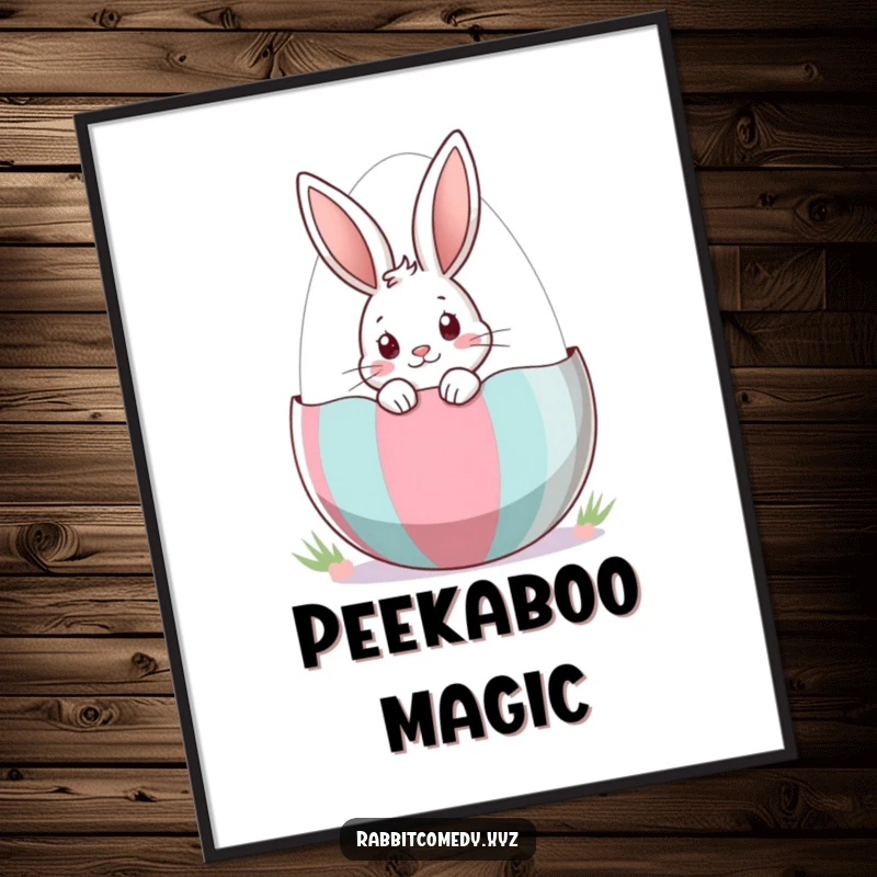 Funny Digital Art Print of a rabbit curiously peeking from a striped Easter egg, evoking holiday wonder and fun.