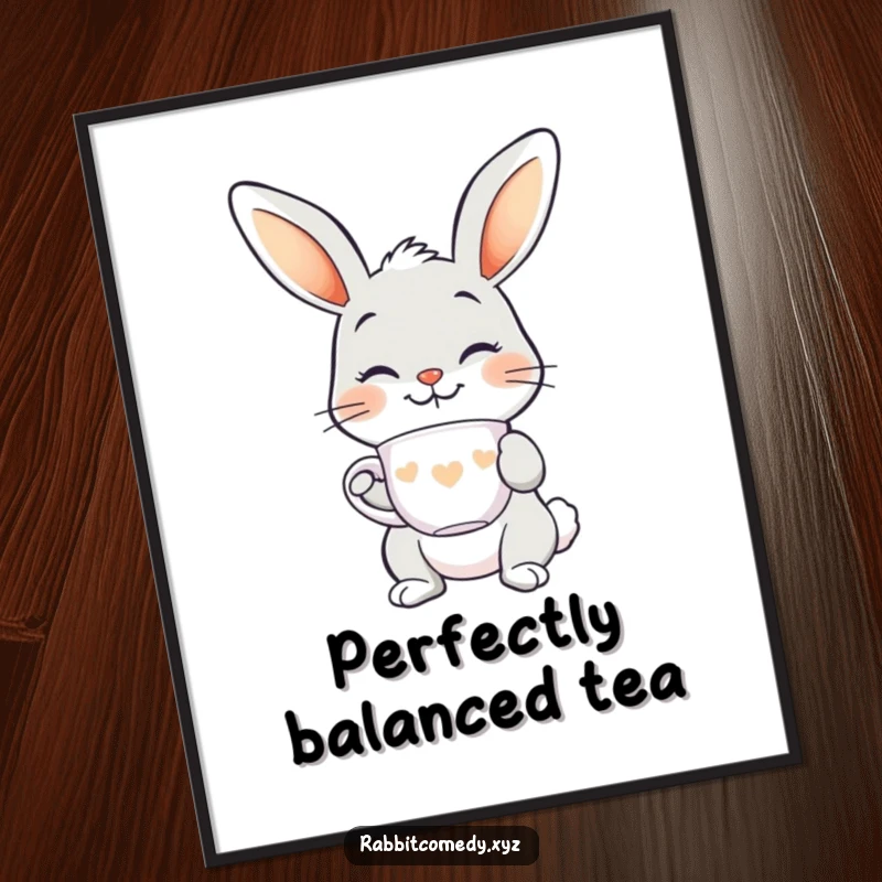Funny smiling rabbit digital art print, balancing a teacup on its nose, elegant and humorous art for immediate joy.