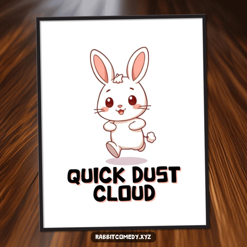 Funny happy rabbit character dashing forward, leaving a puff of dust on a humorous digital art print, instant download.