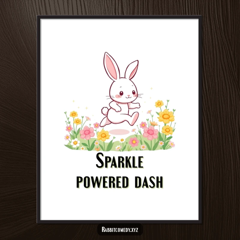 Funny digital art print, an energetic rabbit character dashing through a flower field, leaving a shimmering trail of sparkles, a vibrant illustration.