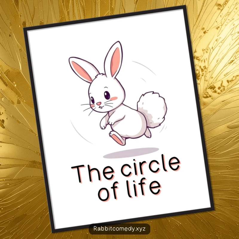 Funny digital art print of a playful rabbit chasing its fluffy tail in a dizzying circle, an instant download for energetic and whimsical decor.