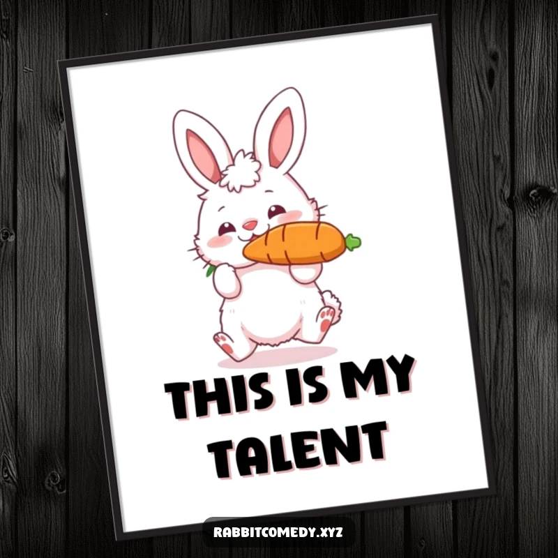 Funny digital art of a fluffy rabbit character skillfully bouncing a giant carrot on its nose, capturing a moment of pure, playful humor.