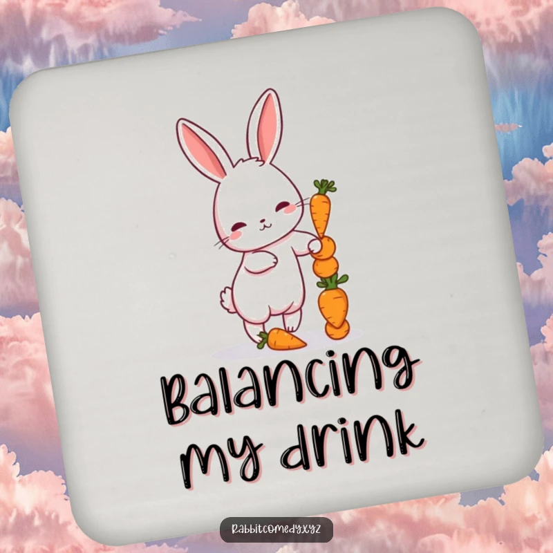 Funny drink coasters with a petite rabbit balancing miniature carrots, offering surface protection with a smile.