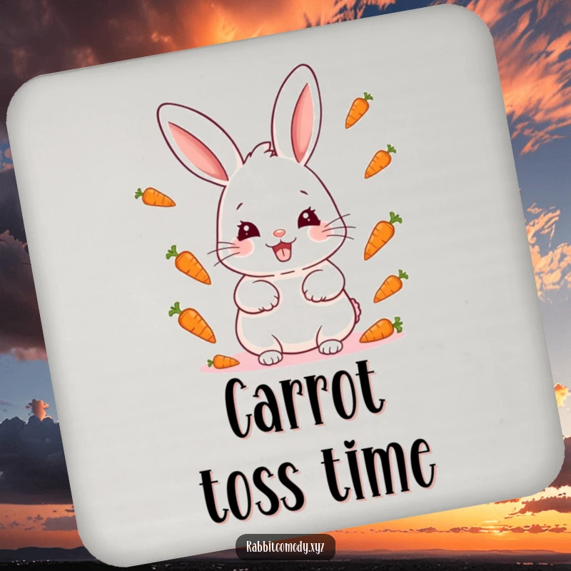 Funny kawaii rabbit with a mischievous grin juggling miniature carrots on a protective drink coaster.