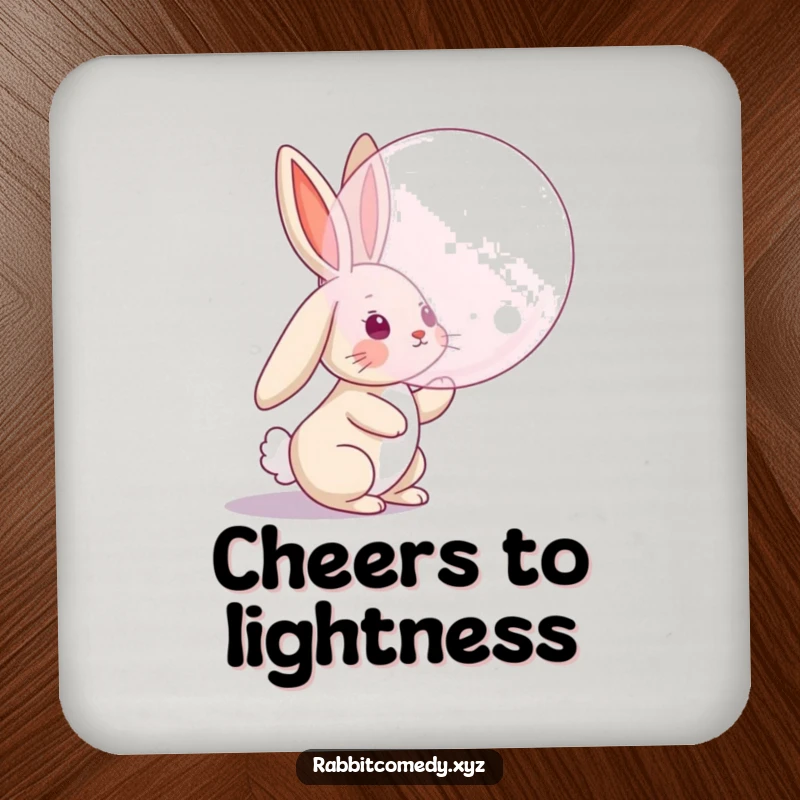 Funny coaster featuring a rabbit character with floppy ears leaping to catch a bubble, a humorous and protective addition.
