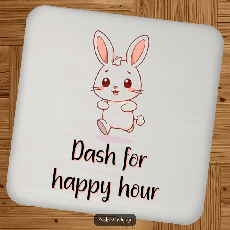 Funny happy rabbit character dashing forward, leaving a puff of dust on humorous drink coasters, protecting surfaces.